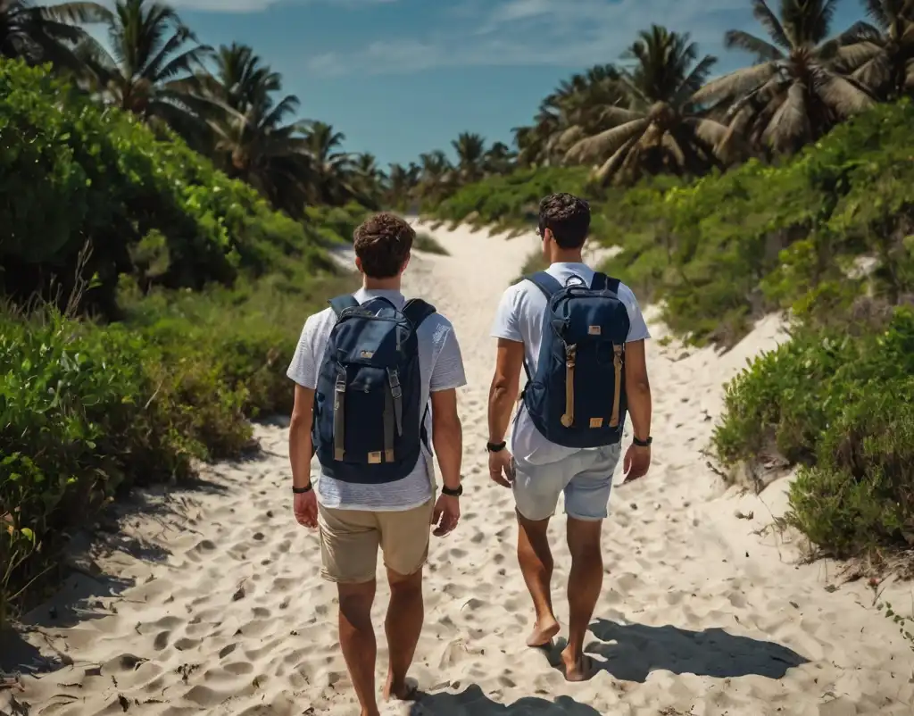 rolé na praia com mochilas sustentáveis